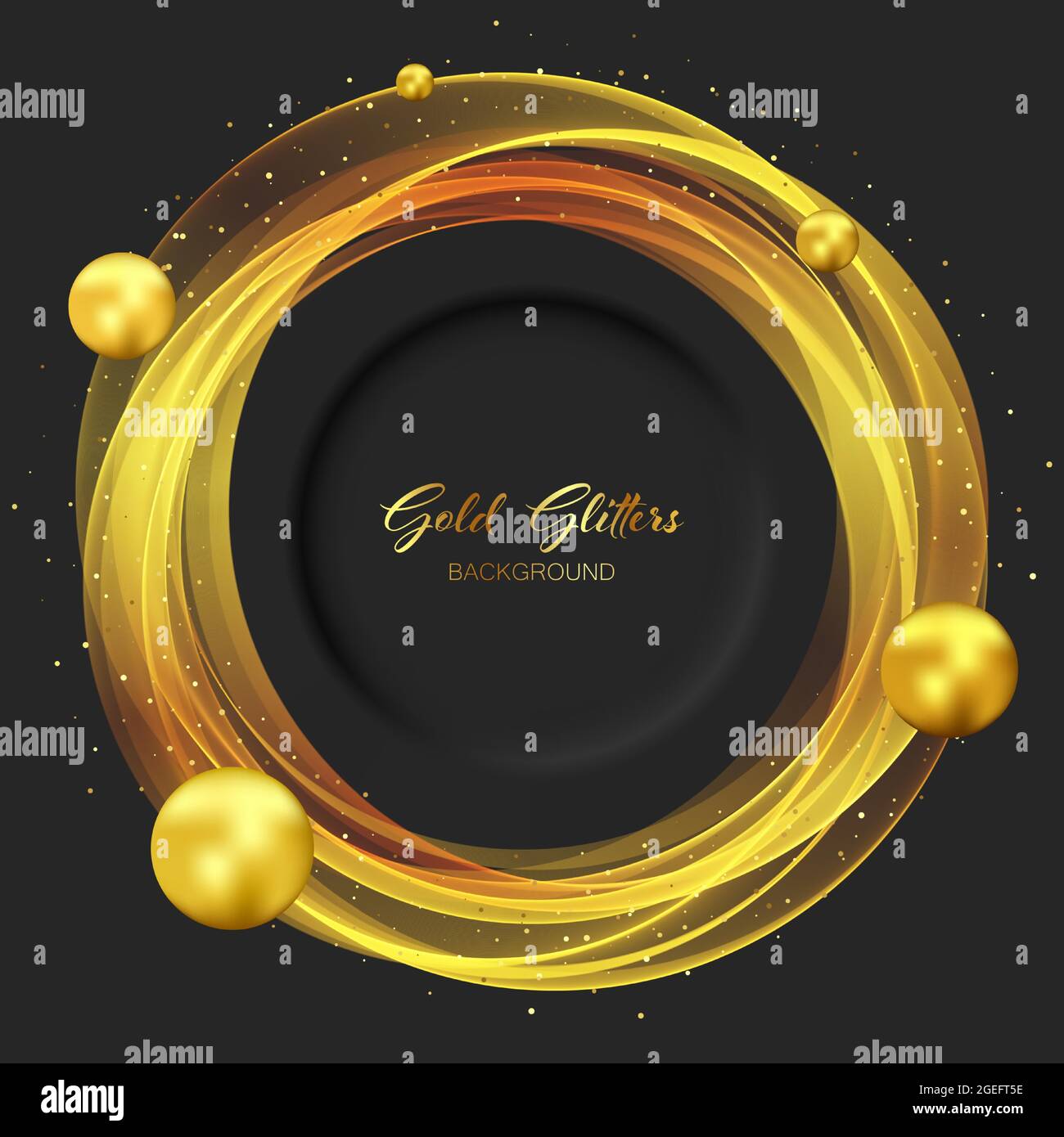 Schwarzer Hintergrund mit goldenen, runden, transparenten Elementen und Goldkugeln. Goldener Glitzer auf dunklem Hintergrund. Stock Vektor