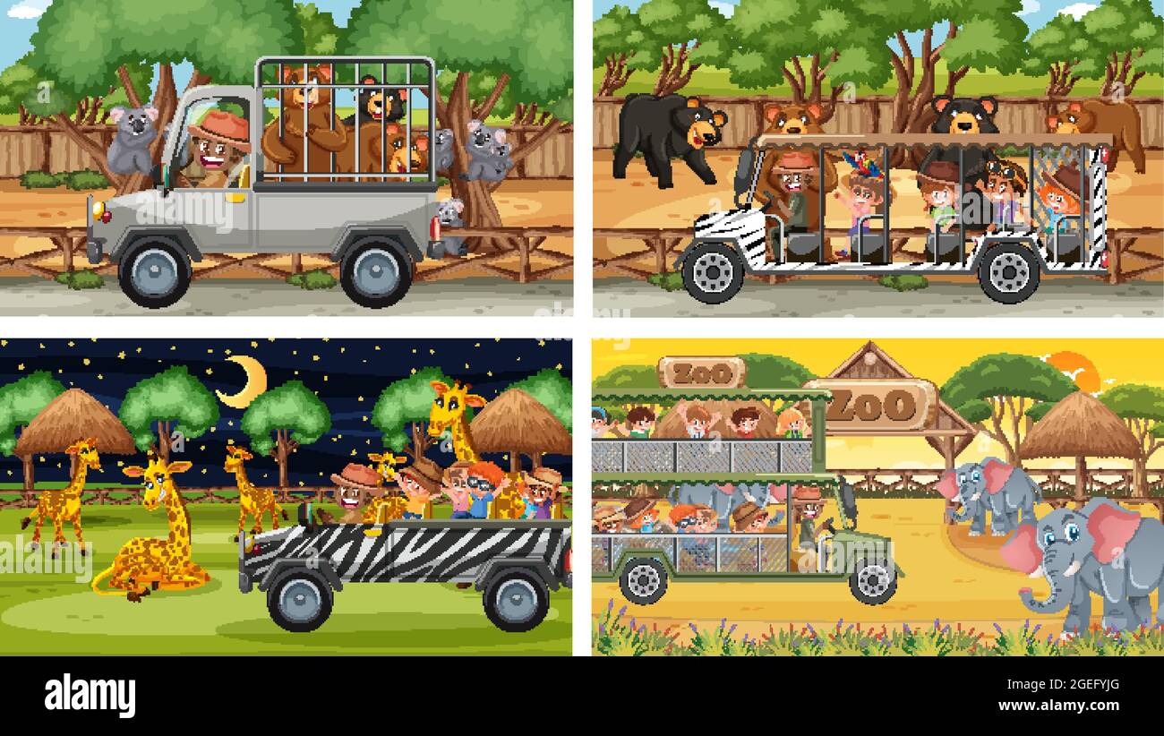 Set von verschiedenen Tieren in Safari-Szenen mit Kindern Illustration Stock Vektor