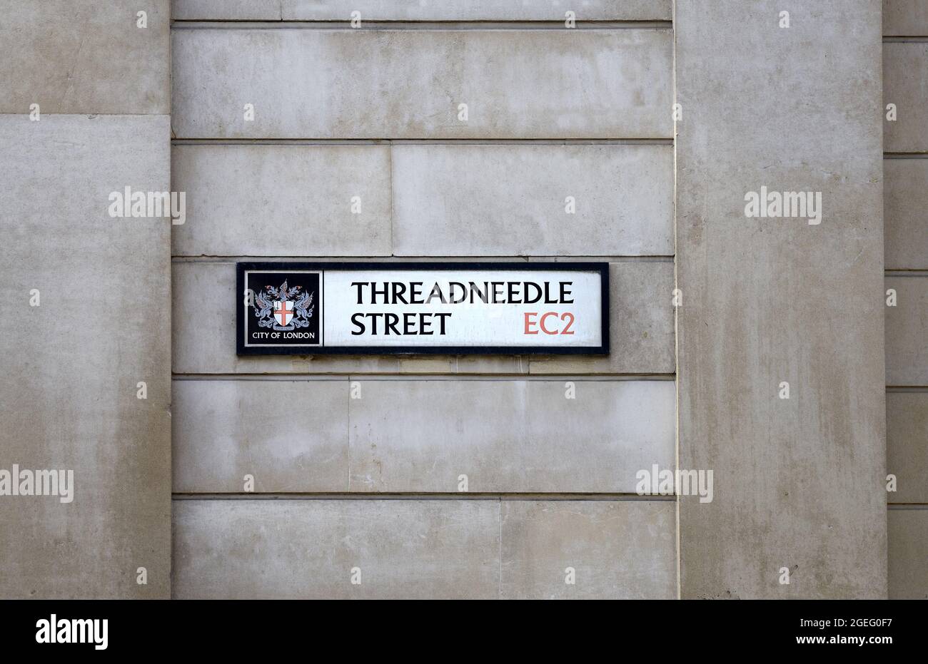 London, England, Großbritannien. Straßenschild: Threadneedle Street, EC2 (Bank of England) Stockfoto