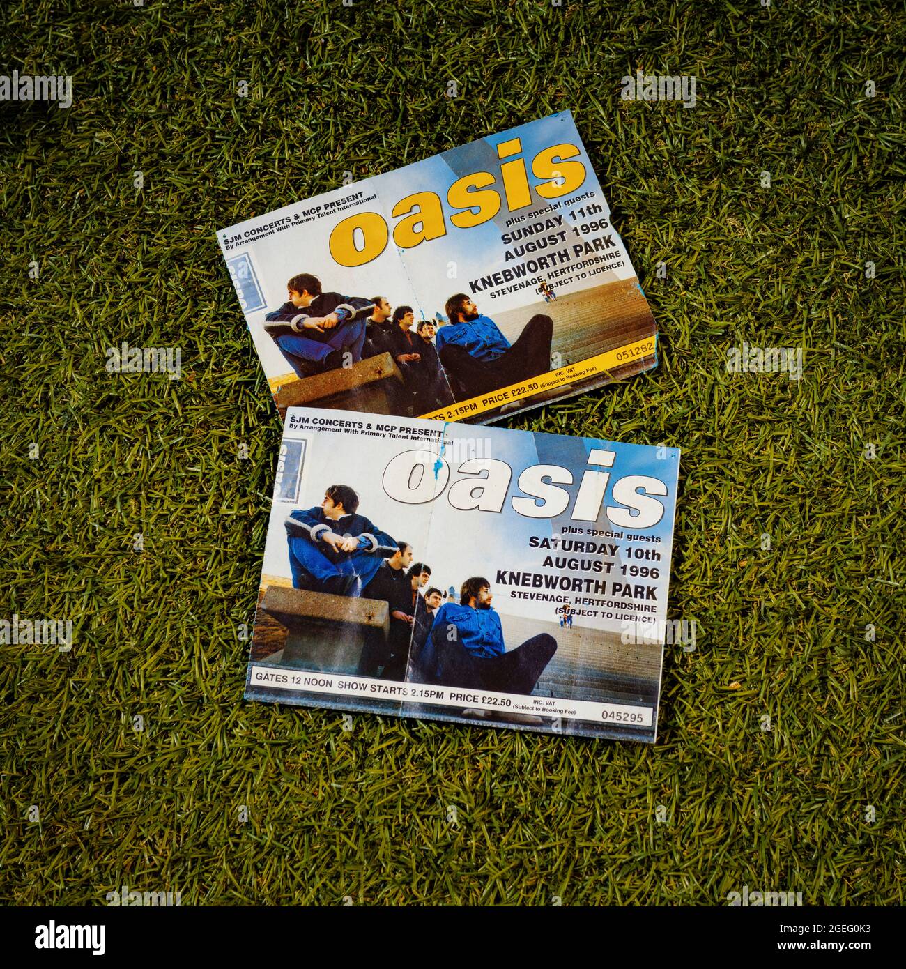 Oasis Konzertkarte aus Knebworth Park, Stevenage, Hertfordshire, Großbritannien - Samstag und Sonntag, 10./11. August 1996, Stockfoto