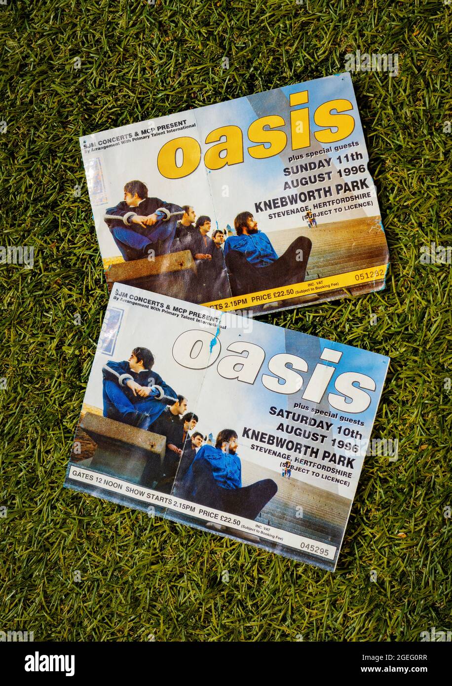 Oasis Konzertkarte aus Knebworth Park, Stevenage, Hertfordshire, Großbritannien - Samstag und Sonntag, 10./11. August 1996, Stockfoto