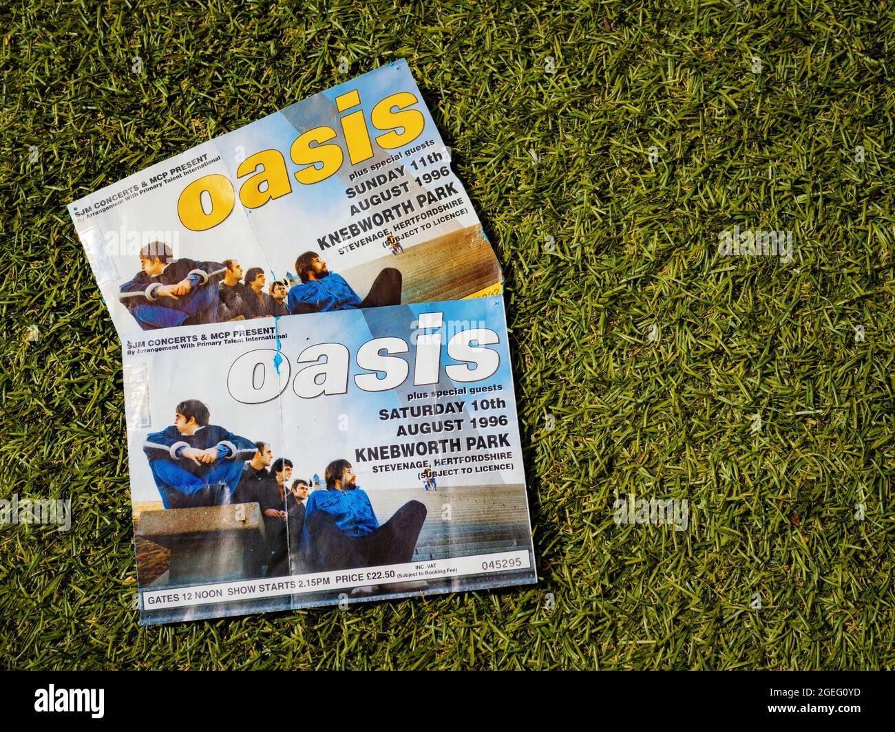 Oasis Konzertkarte aus Knebworth Park, Stevenage, Hertfordshire, Großbritannien - Samstag und Sonntag, 10./11. August 1996, Stockfoto