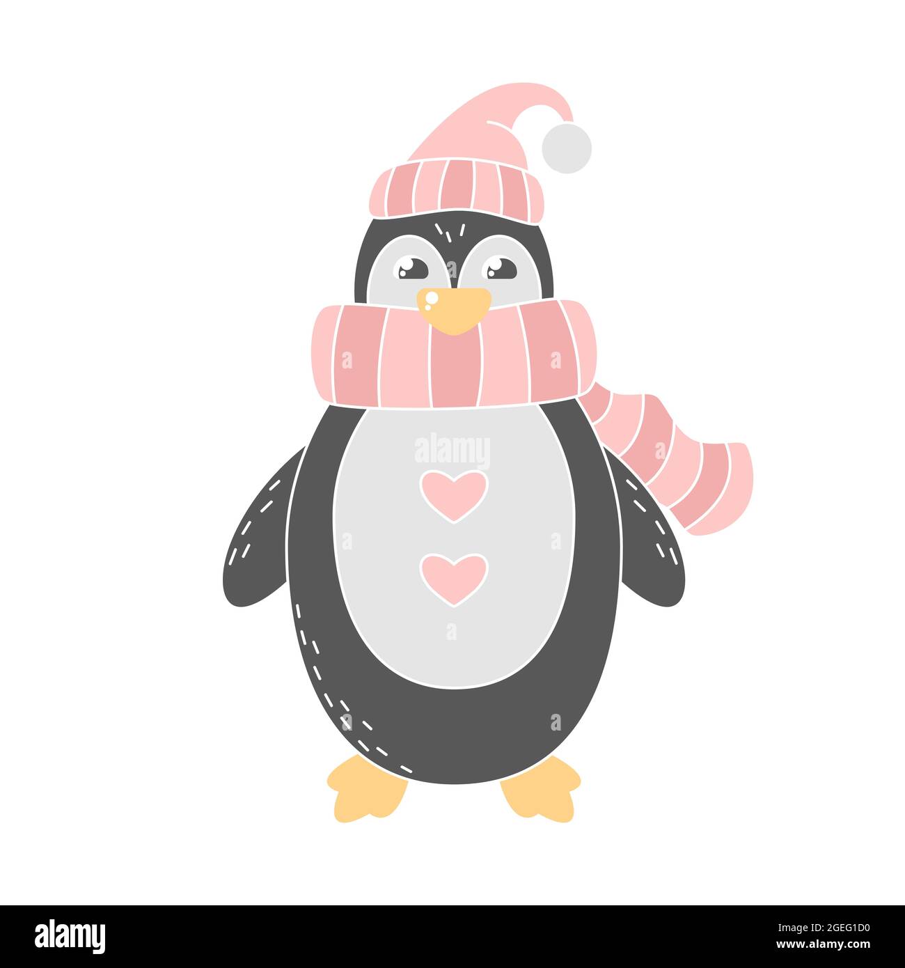 Niedliche Cartoon Pinguin im Winter Hut und Schal. Cooler Druck für Weihnachten und Neujahr Grußkarte. Lustige pastellfarbene flache Illustration für Kinderzimmer-Poster Stock Vektor