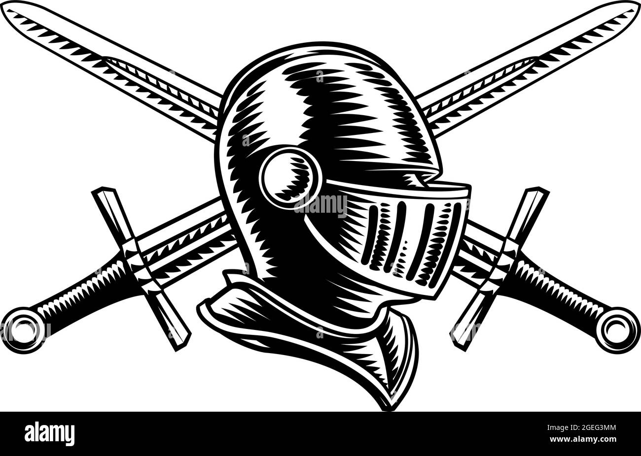 Knight Helmet Crossed Schwerter Vintage Holzschnitt Stock Vektor
