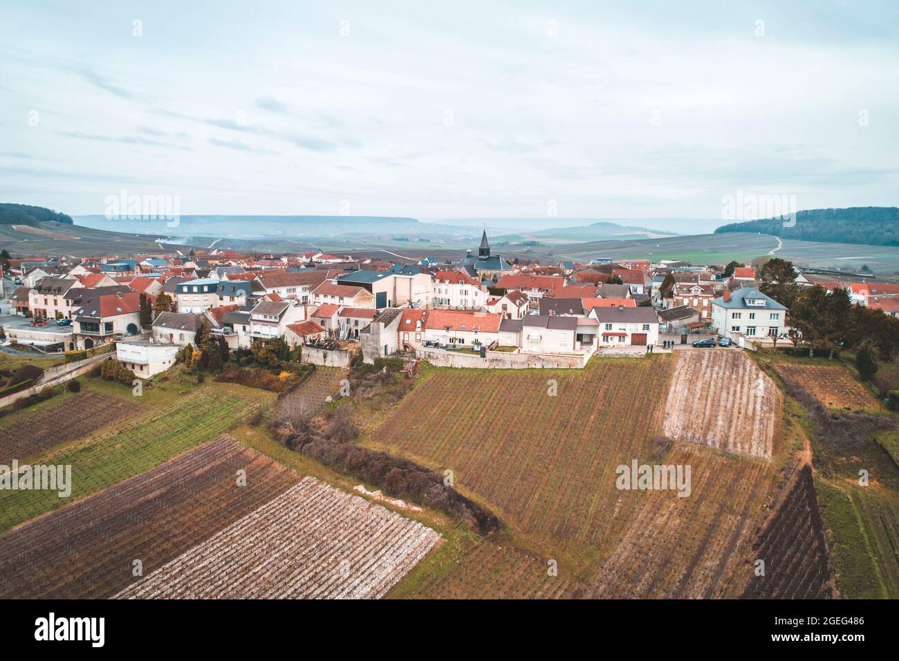 Cramant (Nordfrankreich): Luftaufnahme der Weinberge und des Dorfes im Winter, im Herzen der „Cote des Blancs“, einem Gebiet des Champagne-Weinbergs Stockfoto