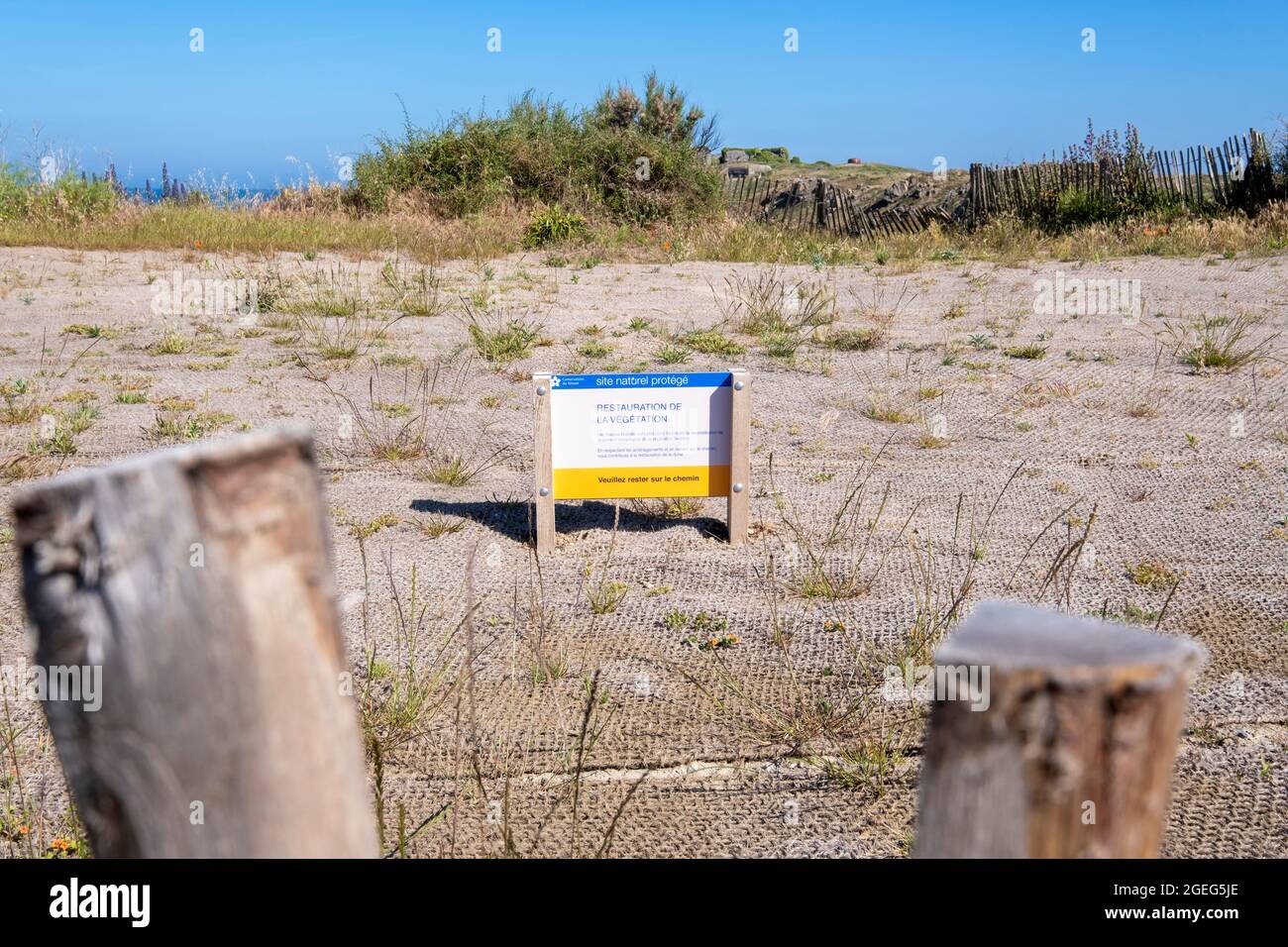 Schild mit Hinweis auf einen geschützten Naturstandort, Wiederherstellung der Vegetation auf der Landzunge „pointe de la Varde“, Saint Malo (Bretagne, Nordwestfrankreich), si Stockfoto