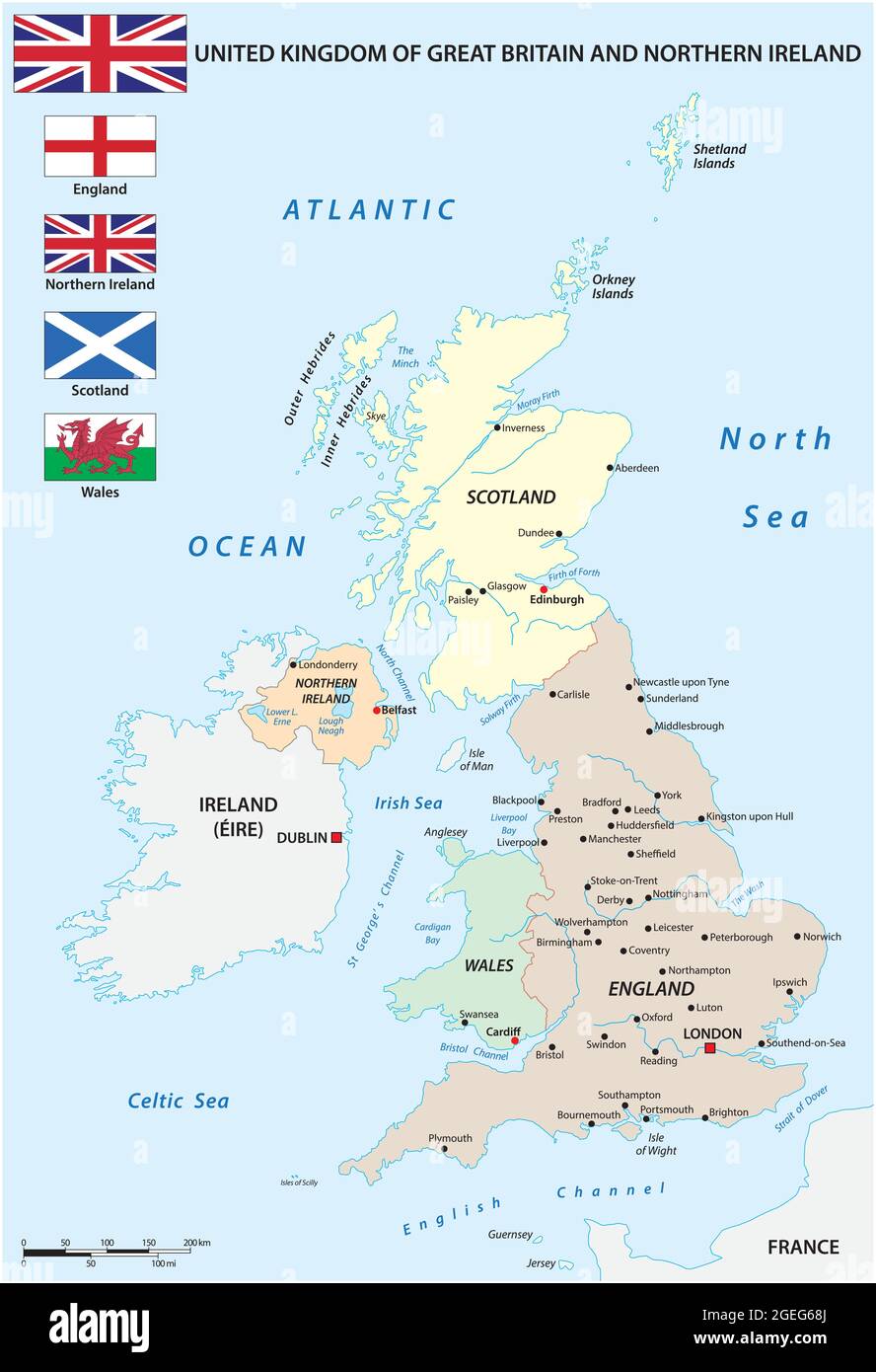 vektorkarte der Länder des Vereinigten Königreichs mit Flaggen Stock Vektor