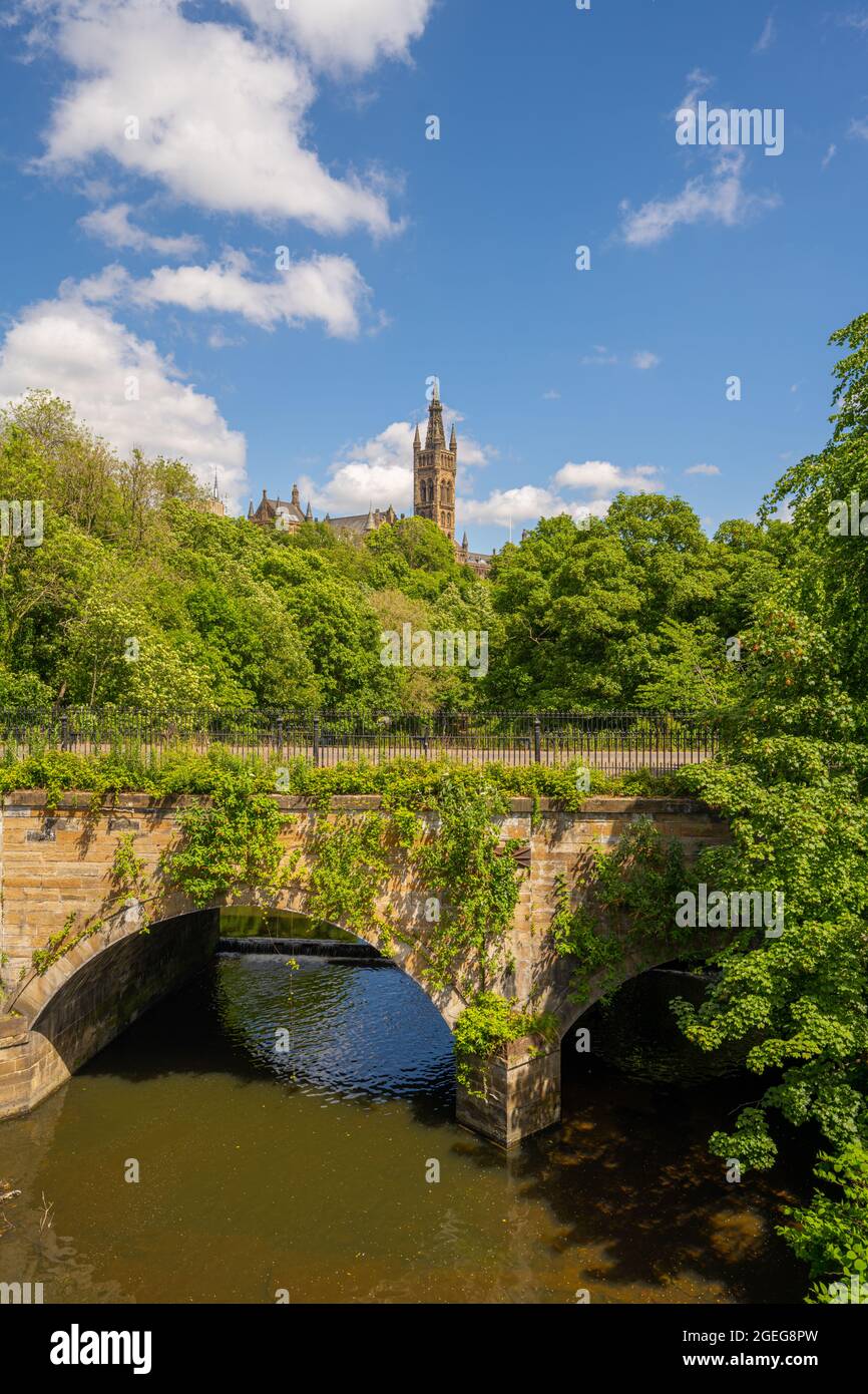 Der Turm der Universität Glasgow wurde von Sir George Gilbert Scott entworfen. Vom Ufer des Flusses Kelvin, Glasgow, Schottland Stockfoto