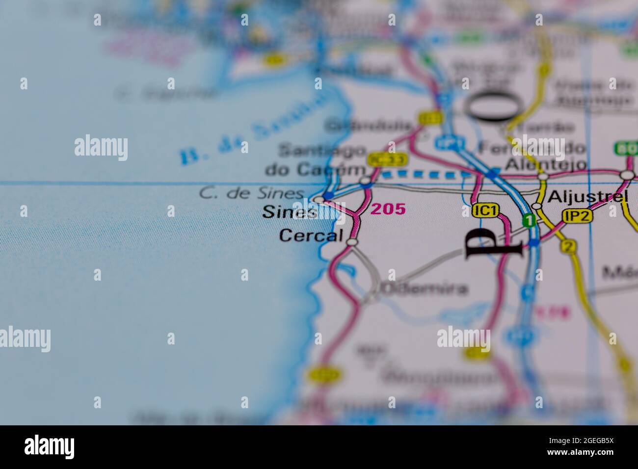 Sines Portugal wird auf einer Straßenkarte oder Geografie-Karte angezeigt Stockfoto