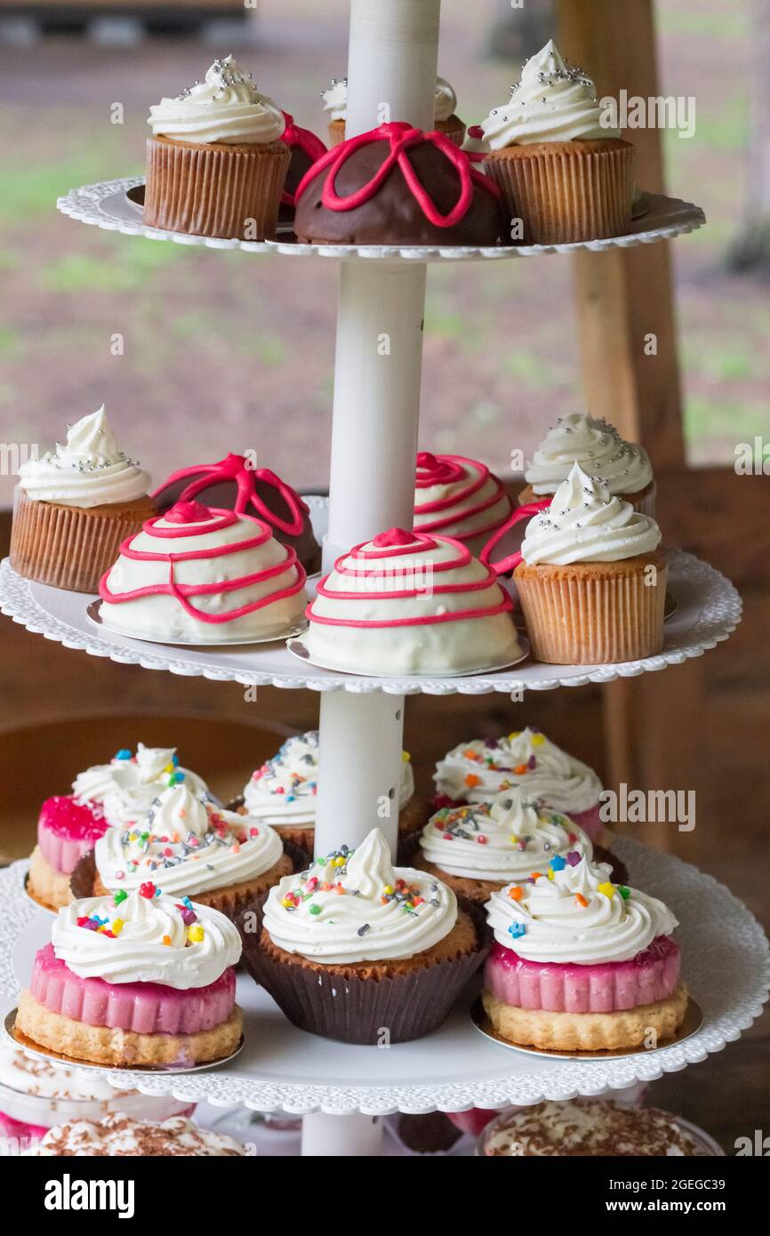 Konzept der Verpflegung und ein süßer Tisch für eine Kinderparty. Kinder-Picknick mit Kuchen und Süßigkeiten. Stockfoto