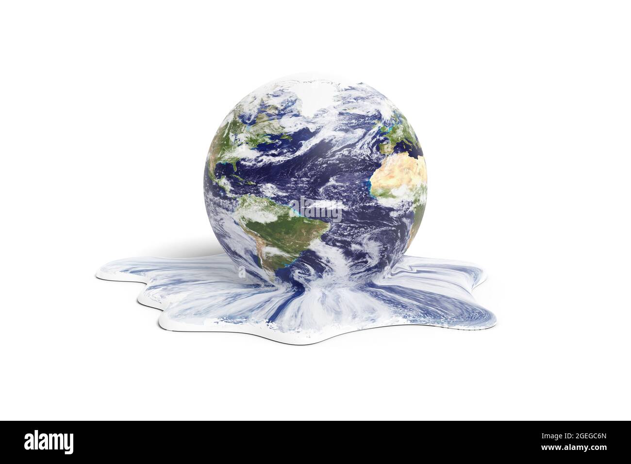 Planet Erde schmilzt isoliert auf weißem Hintergrund. Konzept der globalen Erwärmung. 3d-Illustration. Stockfoto