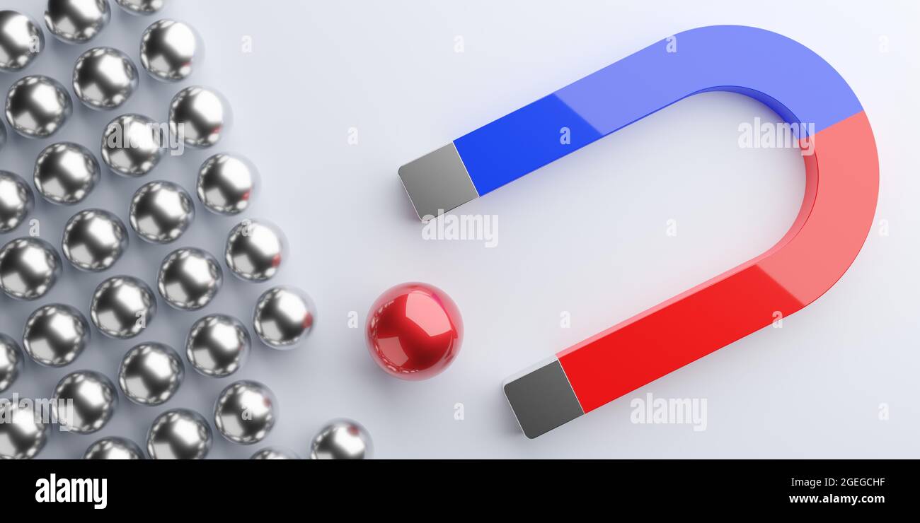 Magnet zieht rote Kugel aus Gruppe von silbernen Kugeln auf grauem Hintergrund, Business-Marketing-Attraktion, Führer oder Teamlead Konzept, 3D-Illustration Stockfoto
