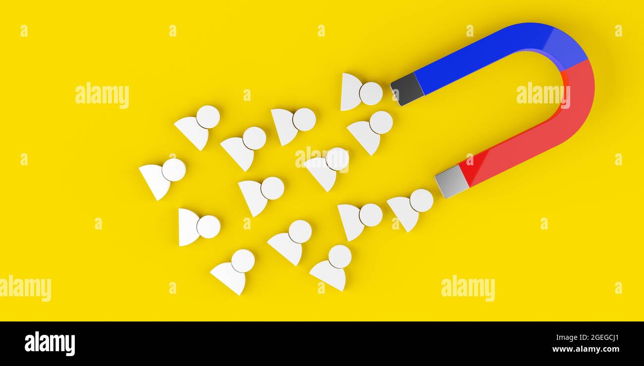 Magnet zieht weiße Zahlen auf gelbem Hintergrund an, Geschäftsmarketing, Kunden-, Kunden- oder Verkaufsleitungs-Attraktionskonzept, 3D-Illustration Stockfoto