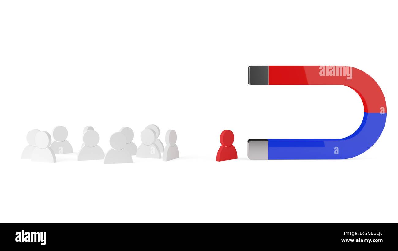 Magnet zieht rote Figur aus Gruppe von weißen Figuren auf weißem Hintergrund, Business-Marketing-Attraktion, Führer oder Teamleader Konzept, 3D-illustration Stockfoto