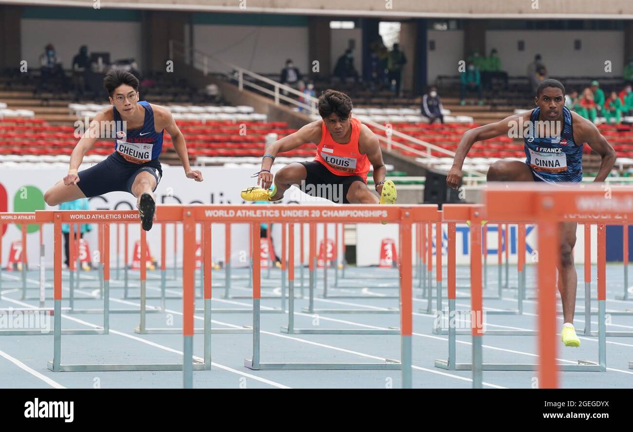 Nairobi, Kenia. August 2021. Cheung Siu Hang aus Hongkong (China), Marc Brian Louis aus Singapur und Erwann Cinna aus Frankreich (L-R) treten bei den Leichtathletik-U20-Weltmeisterschaften 2021 in Nairobi, Kenia, am 20. August 2021 bei der Hitze der 110-m-Hürden der Männer an. Quelle: Zhang Yu/Xinhua/Alamy Live News Stockfoto