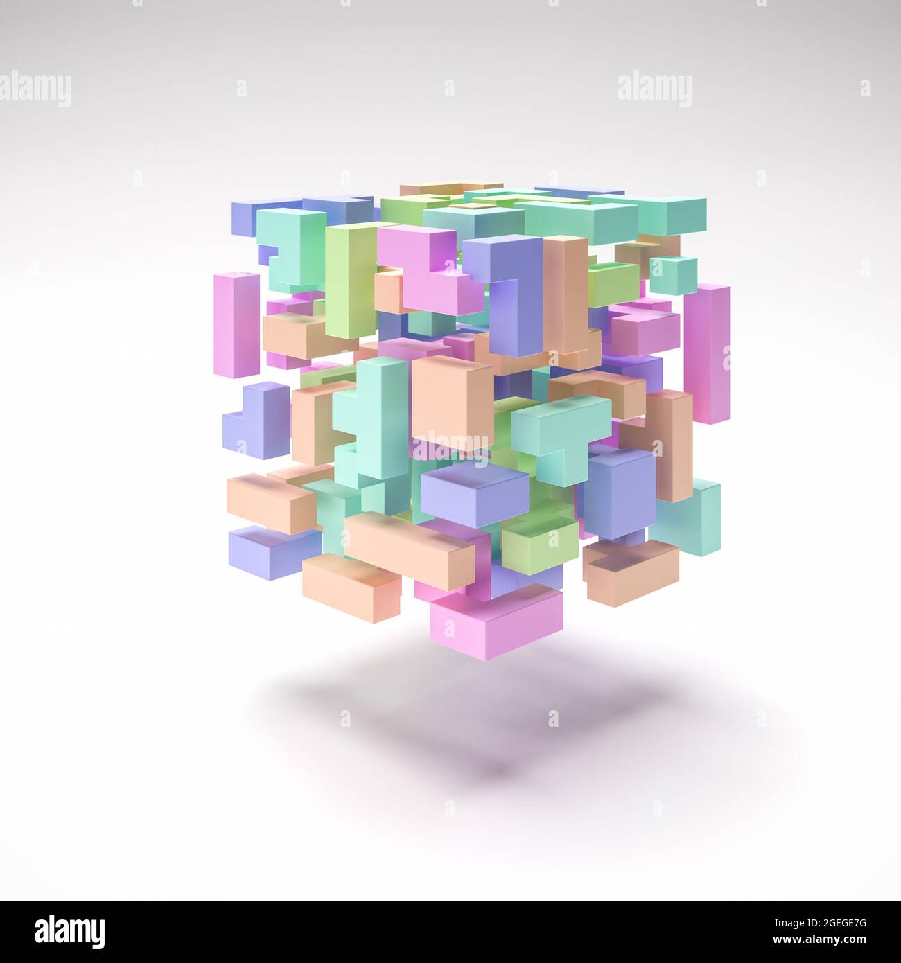 Ein Würfel aus schwebenden Tetris wie Blöcke in verschiedenen Pastellfarben und Formen in einer explodierten Ansicht. Abstrakter Hintergrund. Stockfoto