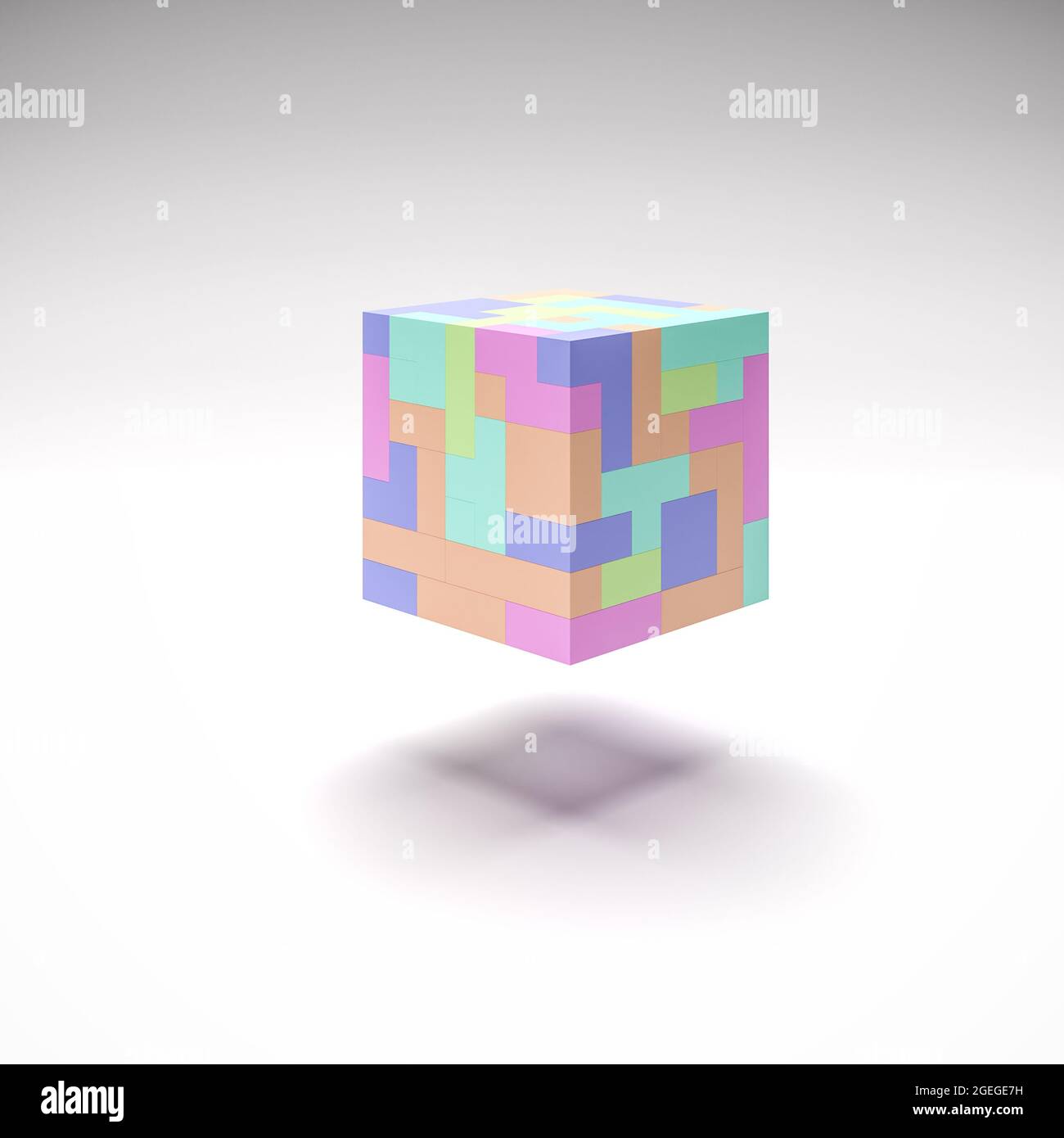 Ein Würfel aus schwebenden Tetris wie Blöcke in verschiedenen Pastellfarben und Formen. Abstrakter Hintergrund. Stockfoto