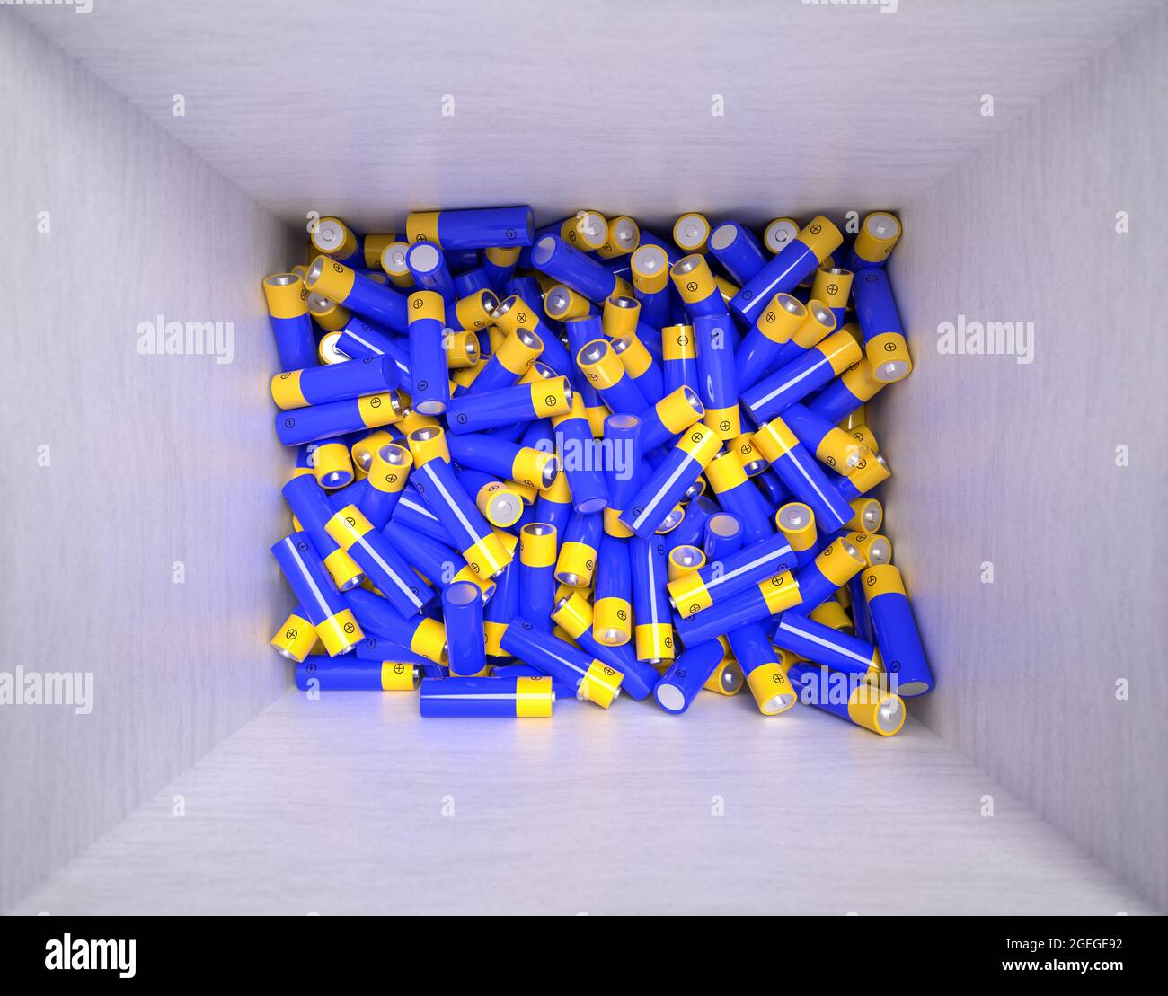 Mehrere AA-Batterien in einem weißen Karton. Aufgenommen von direkt oben. Stockfoto