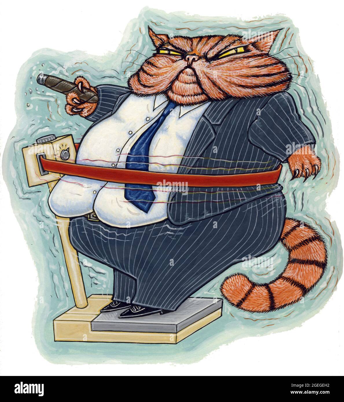 Concept Art Illustration, Fat Cat Business man auf einem Gewichtsverlust Maschine. Vertretung überzahlter Führungskräfte und der Notwendigkeit schlanker Geschäftspraktiken. Stockfoto