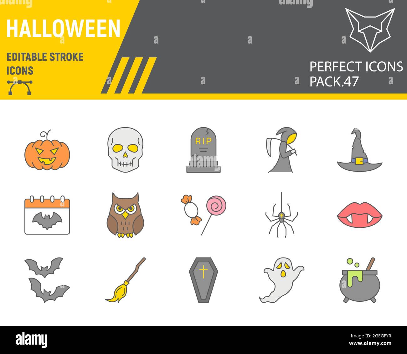 Halloween Color Line Icon Set, Horror-Sammlung, Vektorgrafiken, Logo-Illustrationen, Happy halloween Day Vektor-Icons, gruselige Zeichen, gefüllte Umrisspictogramme, editierbarer Strich Stock Vektor