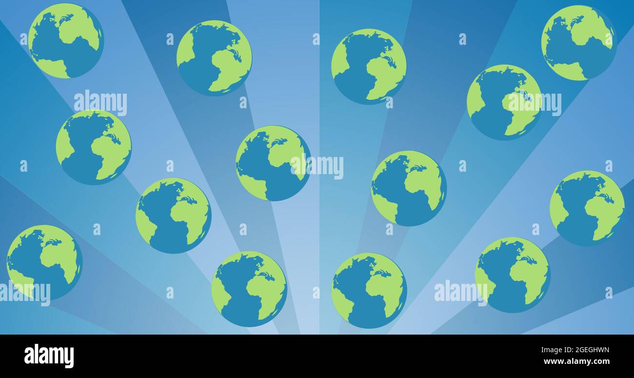 Zusammensetzung mehrerer Globen auf blau gestreiftem Hintergrund Stockfoto