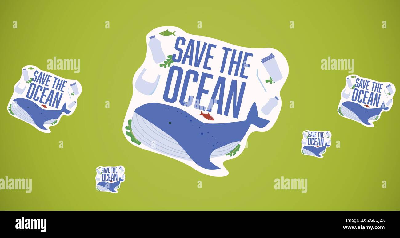 Komposition von Save the Ocean Text mit Wal und Kunststoff-Logo auf grünem Hintergrund Stockfoto