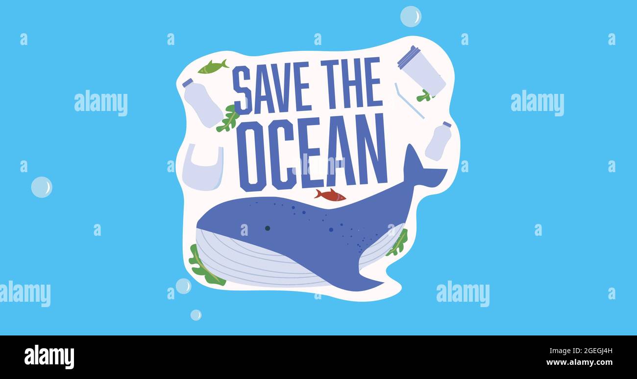 Komposition von Save the Ocean Text mit Wal-Logo auf blauem Hintergrund mit Blasen Stockfoto
