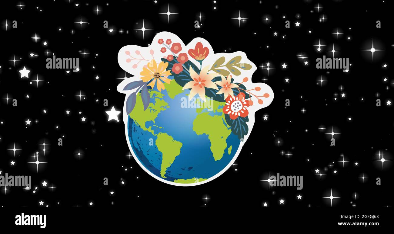 Komposition von Globus mit Blumen auf Sternenhimmel Hintergrund Stockfoto