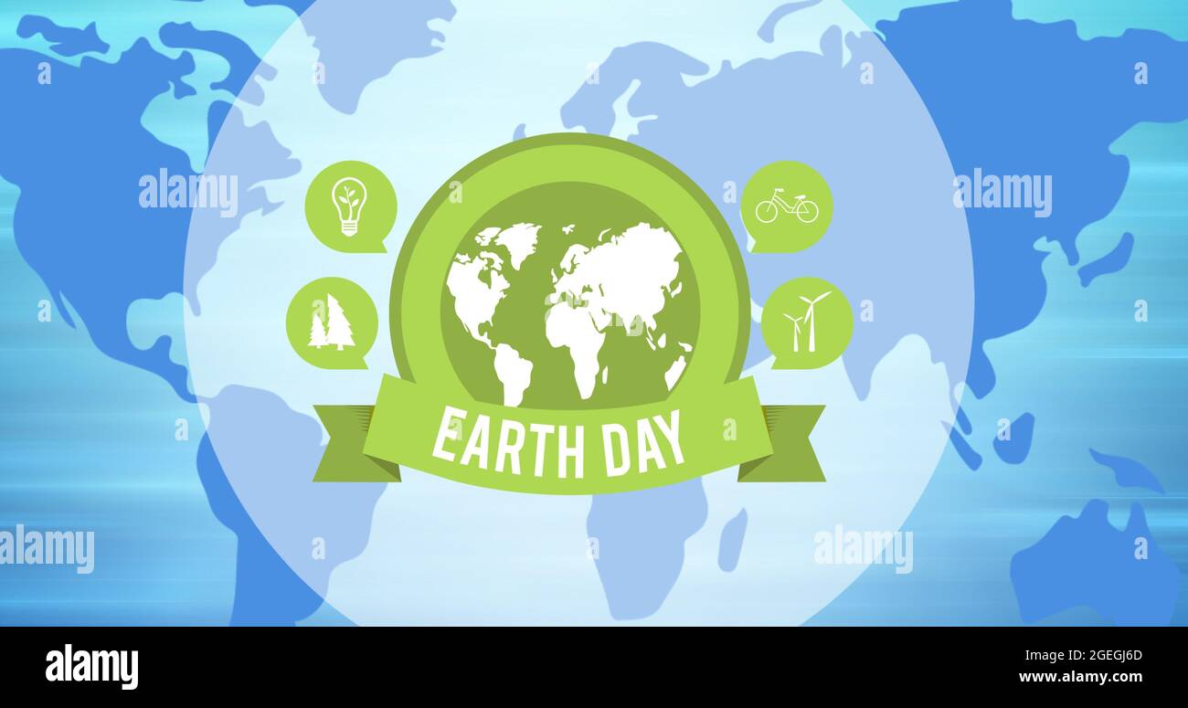 Zusammensetzung von Erde Tag Text und grünen Globus Logo über Weltkarte Hintergrund Stockfoto