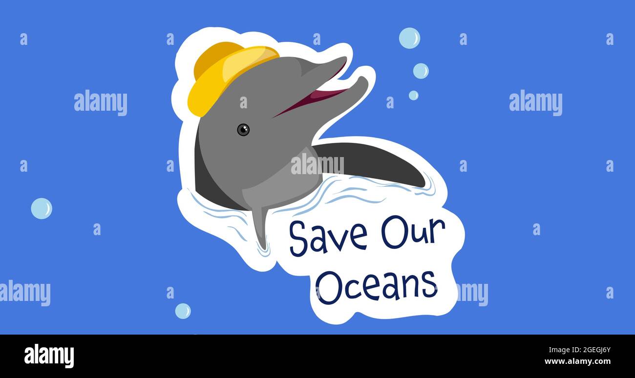Zusammensetzung von Save Our Oceans Text mit Delphin und Blasen auf blauem Hintergrund Stockfoto