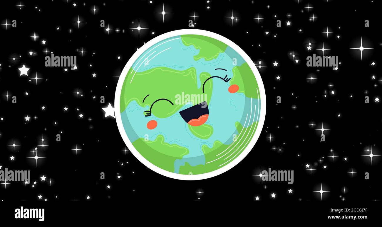Komposition aus lachendem Globus auf Sternenhimmel-Hintergrund Stockfoto