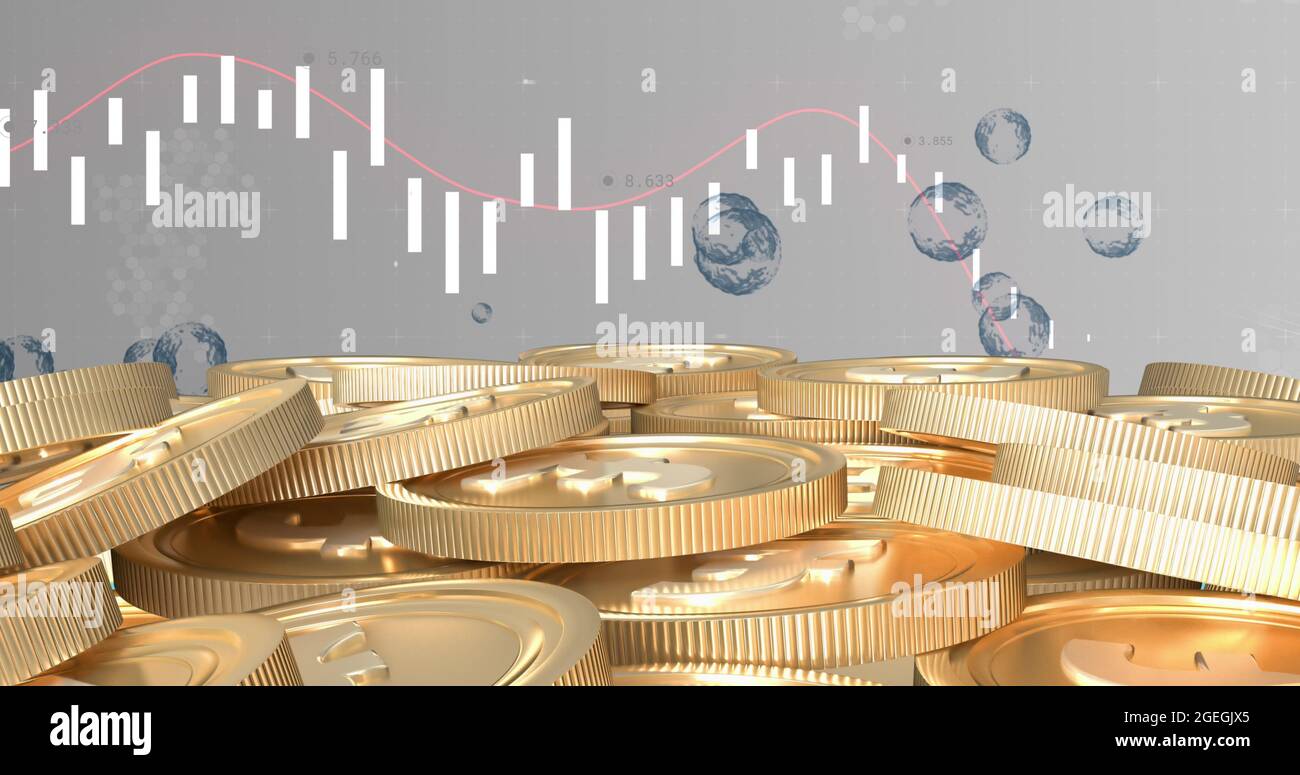 Bild der Verarbeitung von Finanzdaten über Goldmünzen Stockfoto