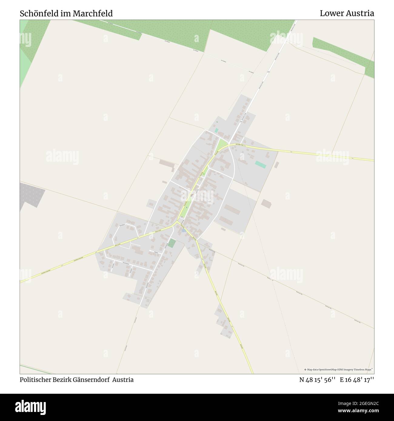 Schönfeld im Marchfeld, politischer Bezirk Gänserndorf, Österreich, Niederösterreich, N 48 15' 56'', E 16 48' 17'', map, Timeless Map veröffentlicht 2021. Reisende, Entdecker und Abenteurer wie Florence Nightingale, David Livingstone, Ernest Shackleton, Lewis and Clark und Sherlock Holmes haben sich bei der Planung von Reisen zu den entlegensten Ecken der Welt auf Karten verlassen.Timeless Maps kartiert die meisten Orte auf der Welt und zeigt die Verwirklichung großer Träume Stockfoto