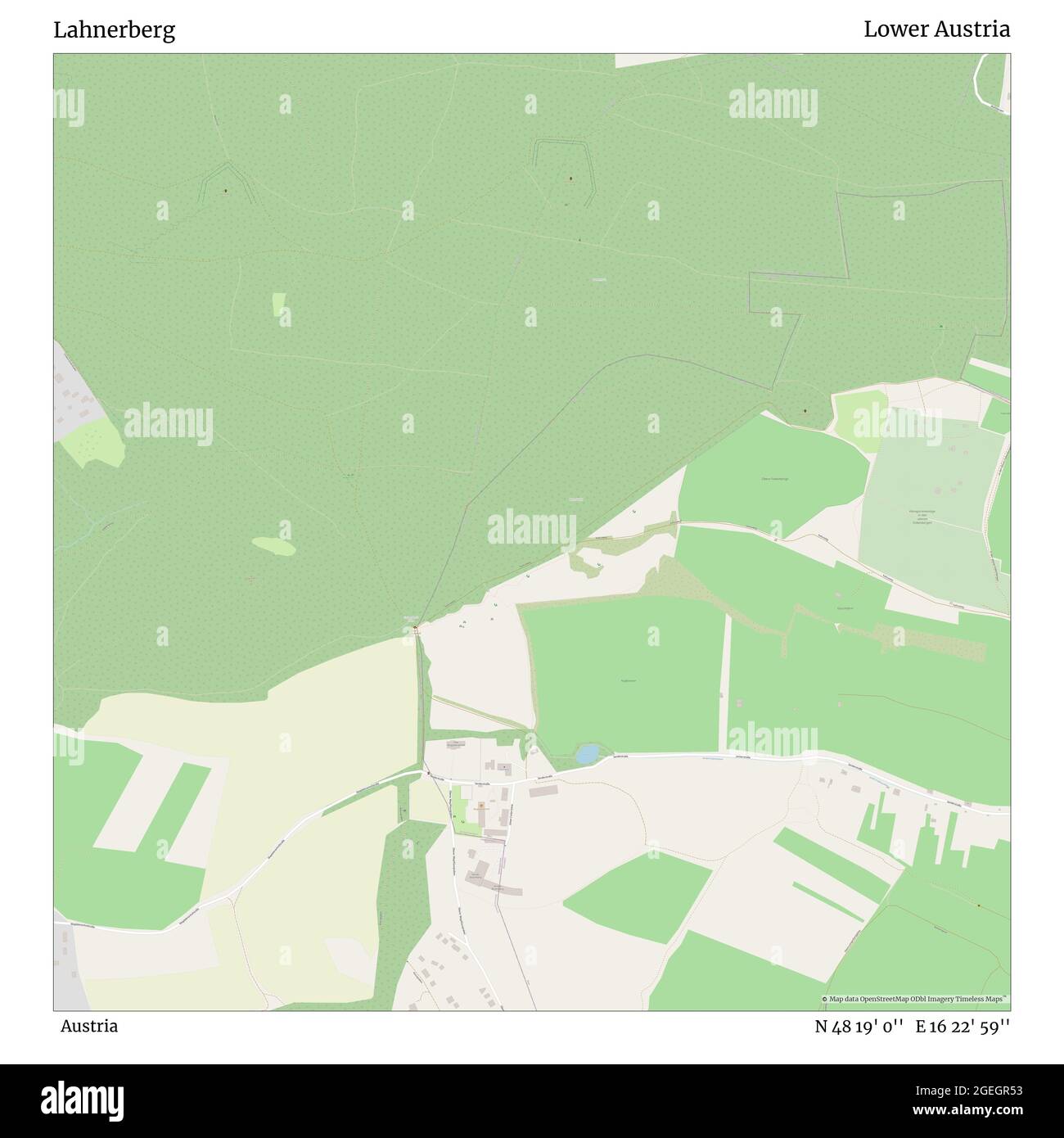 Lahnerberg, Österreich, Niederösterreich, N 48 19' 0'', E 16 22' 59'', Karte, Timeless Map veröffentlicht im Jahr 2021. Reisende, Entdecker und Abenteurer wie Florence Nightingale, David Livingstone, Ernest Shackleton, Lewis and Clark und Sherlock Holmes haben sich bei der Planung von Reisen zu den entlegensten Ecken der Welt auf Karten verlassen.Timeless Maps kartiert die meisten Orte auf der Welt und zeigt die Verwirklichung großer Träume Stockfoto