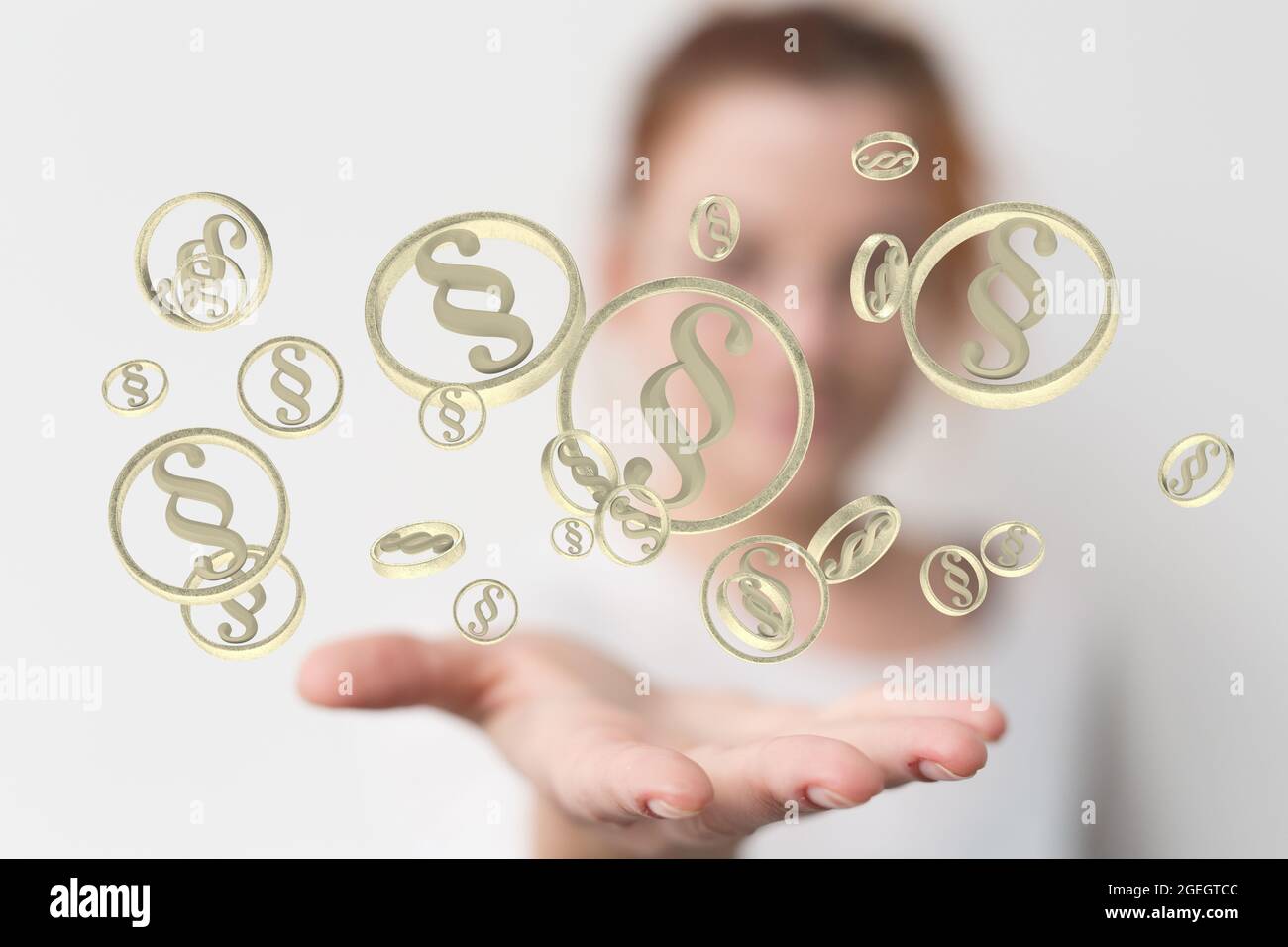 Weibliche Hand hält illustrierte Gesetz Absätze in Kreisen - Recht und Gerechtigkeit Konzept modern Stockfoto