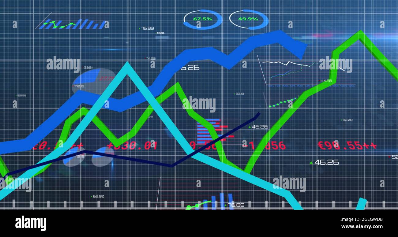 Statistische Datenverarbeitung über das Netznetz vor blauem Hintergrund Stockfoto