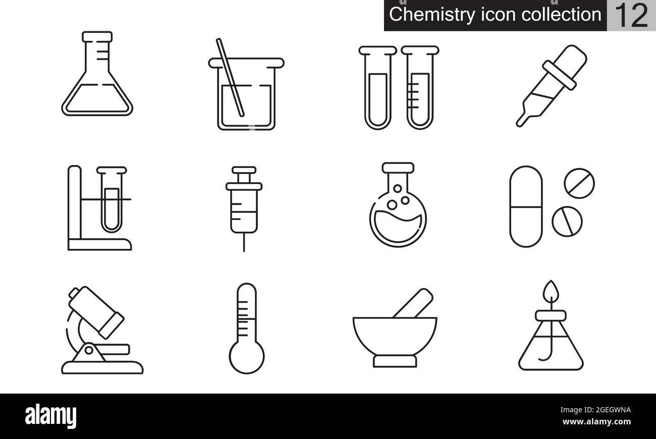 Chemie-Symbolsatz. Einfacher Satz chemischer Vektorsymbole für das Webdesign Stock Vektor