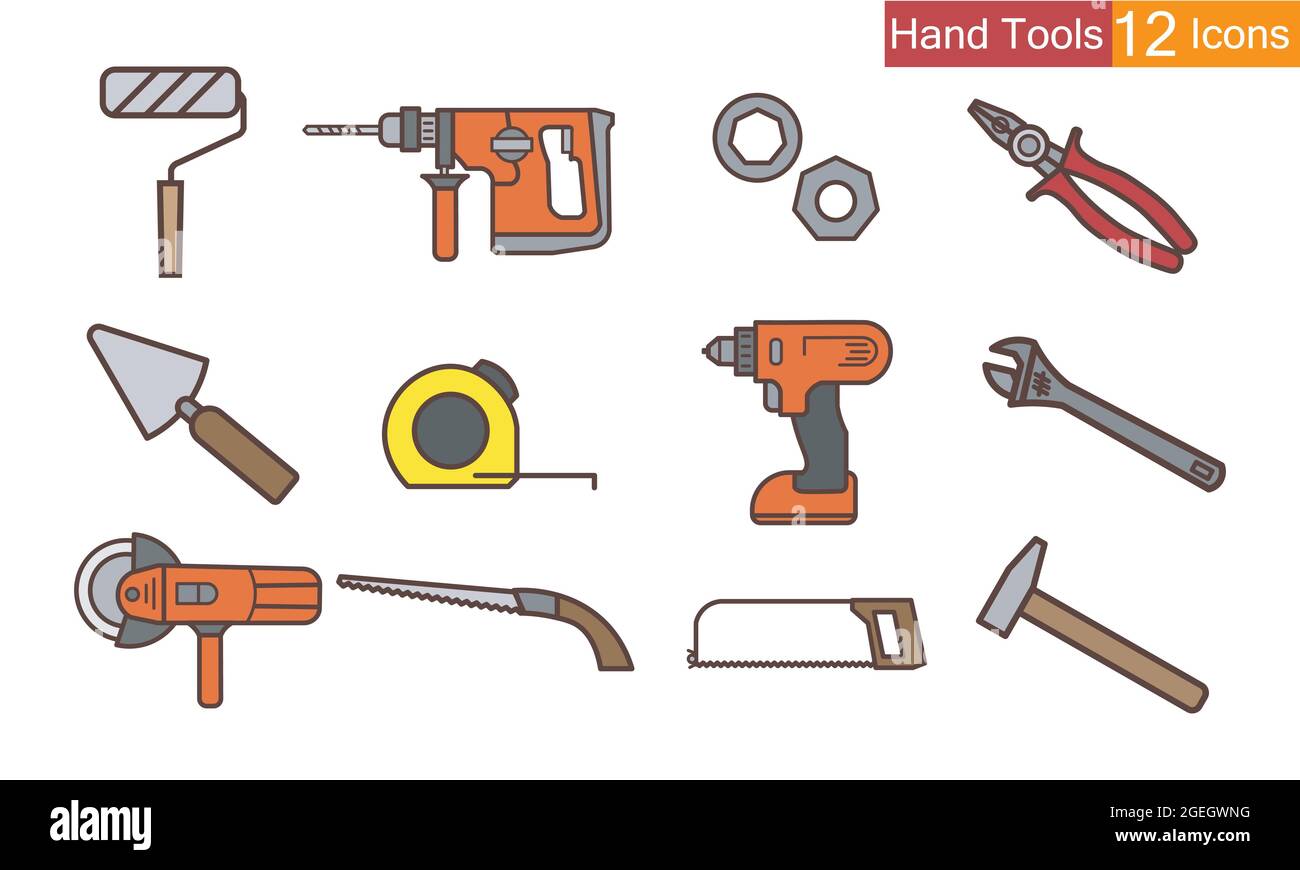 Einfacher Satz von Handwerkzeugen Icons . Enthält Symbole wie Sägen, Walzen, Hämmer, Fräser, Bürsten und mehr Stock Vektor