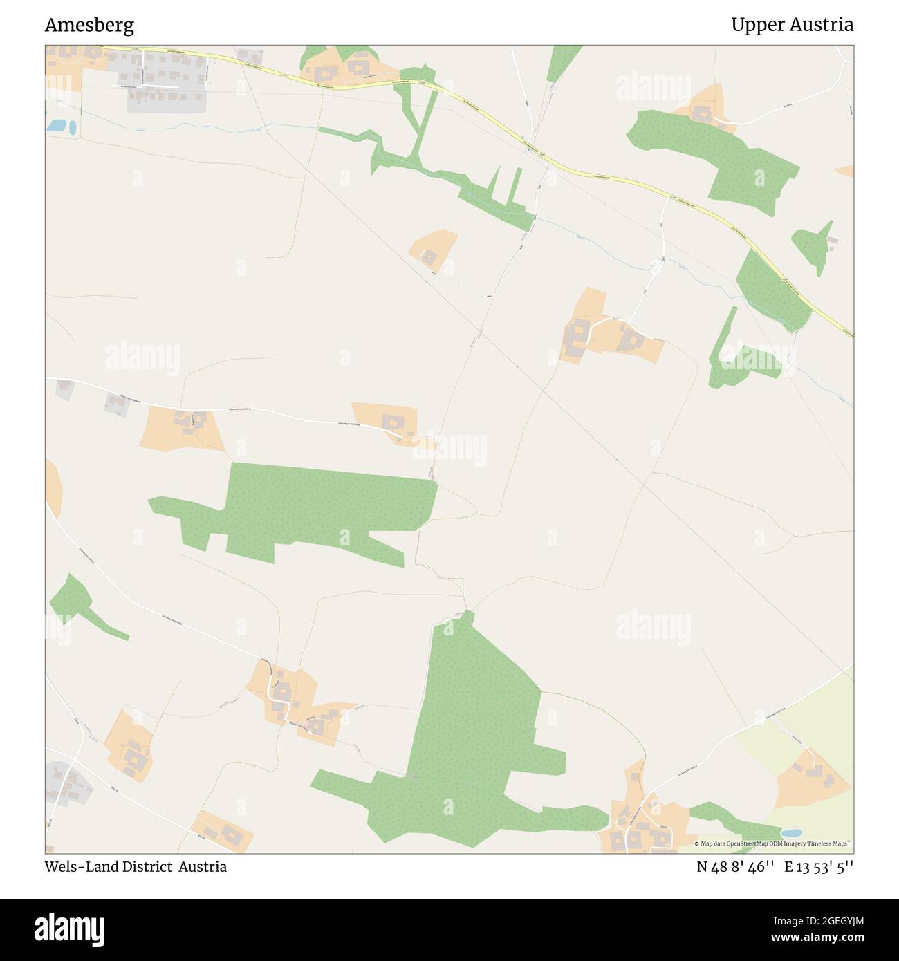 Amesberg, Bezirk Wels-Land, Österreich, Oberösterreich, N 48 8' 46'', E 13 53' 5'', map, Timeless Map veröffentlicht im Jahr 2021. Reisende, Entdecker und Abenteurer wie Florence Nightingale, David Livingstone, Ernest Shackleton, Lewis and Clark und Sherlock Holmes haben sich bei der Planung von Reisen zu den entlegensten Ecken der Welt auf Karten verlassen.Timeless Maps kartiert die meisten Orte auf der Welt und zeigt die Verwirklichung großer Träume Stockfoto