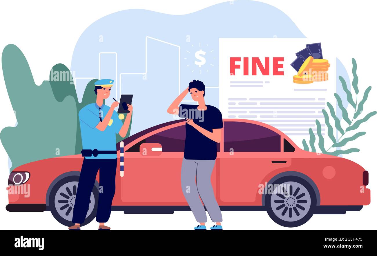 Mann und Polizist. Polizist schreibt Geldstrafe, Verkehrsverstöße und unsachgemäße Parkplätze. Finanzielle Verluste, Bußgelder für Vektordarstellung Stock Vektor