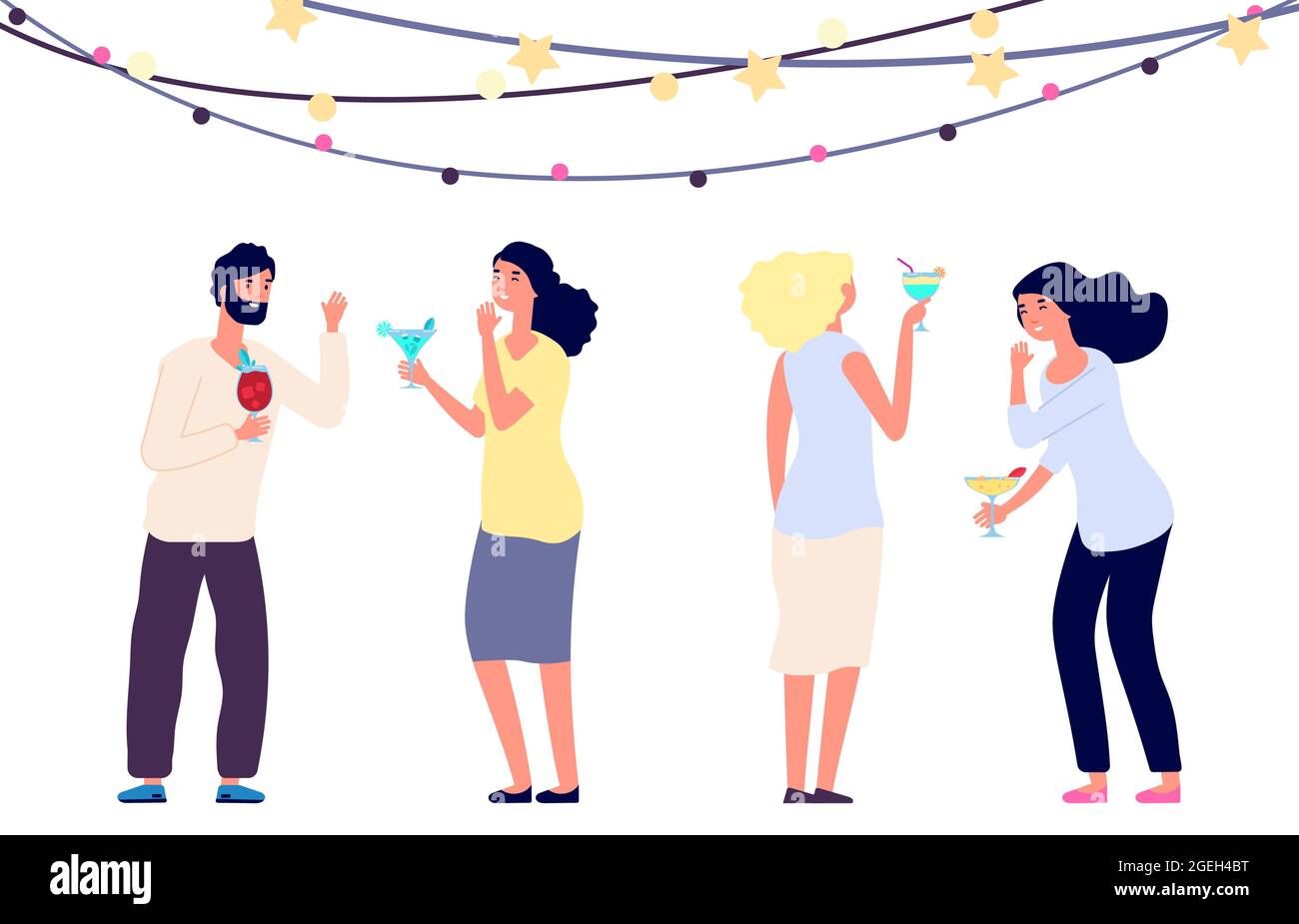 Glücklich trinkende Menschen. Cocktailparty, Frauen und Mann lachen isoliert auf weißem Hintergrund. Menschen feiern Urlaub Vektor-Illustration Stock Vektor