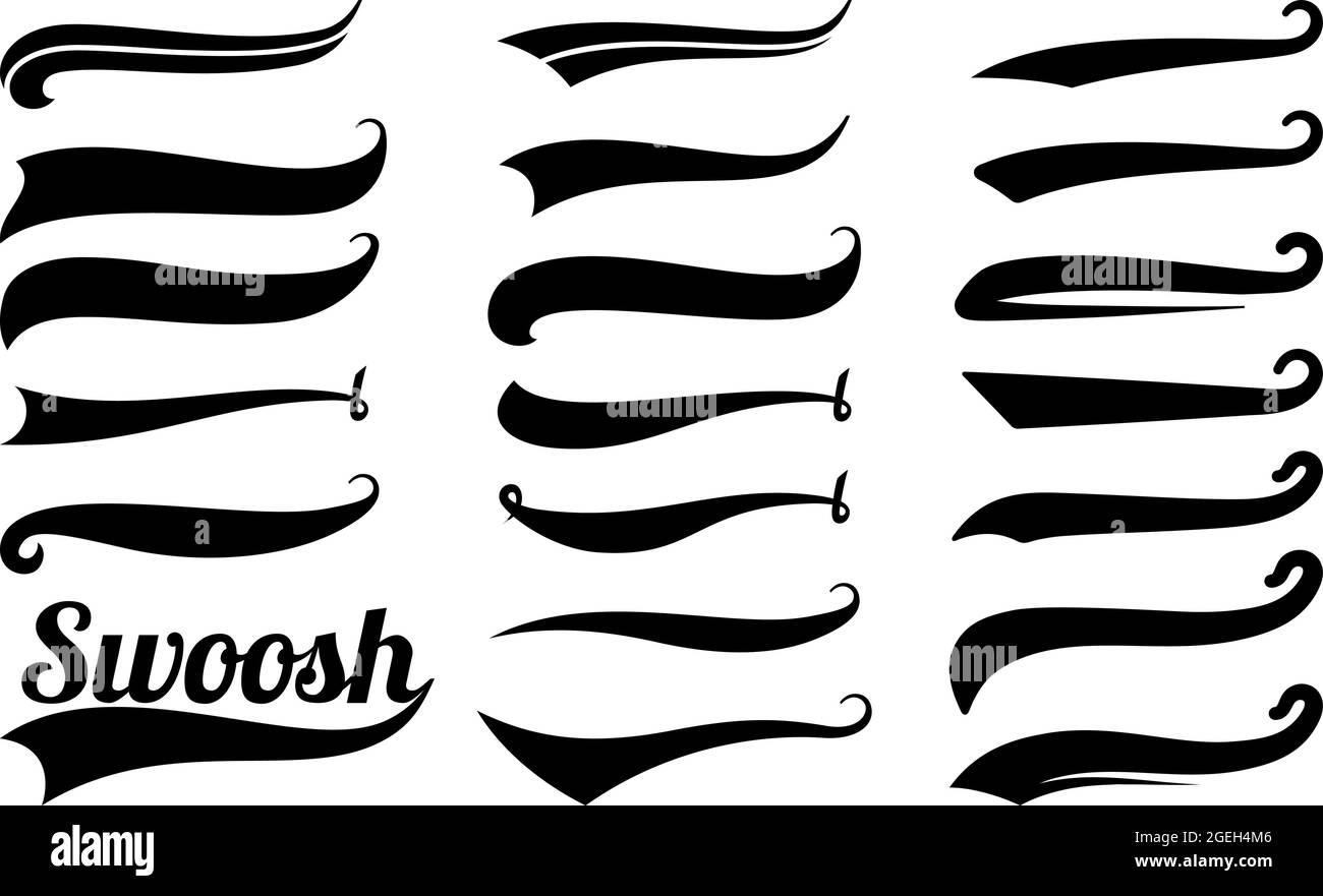 Swoosh-Schwänze. Swirl Sport Typografie Element, isolierte lockige Text Wimpel. Schwarz Retro Kalligraphie Striche oder Ornament Designs Vektor-Set Stock Vektor