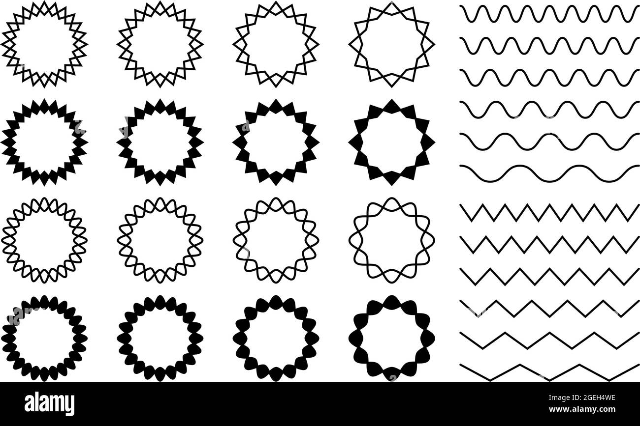 Zickzack-Trennlinien. Wellige runde Zick-Zack-Rahmen. Isolierte horizontale Wellenlinien, schwarze gekrümmte Wellenränder, Vektorset Stock Vektor