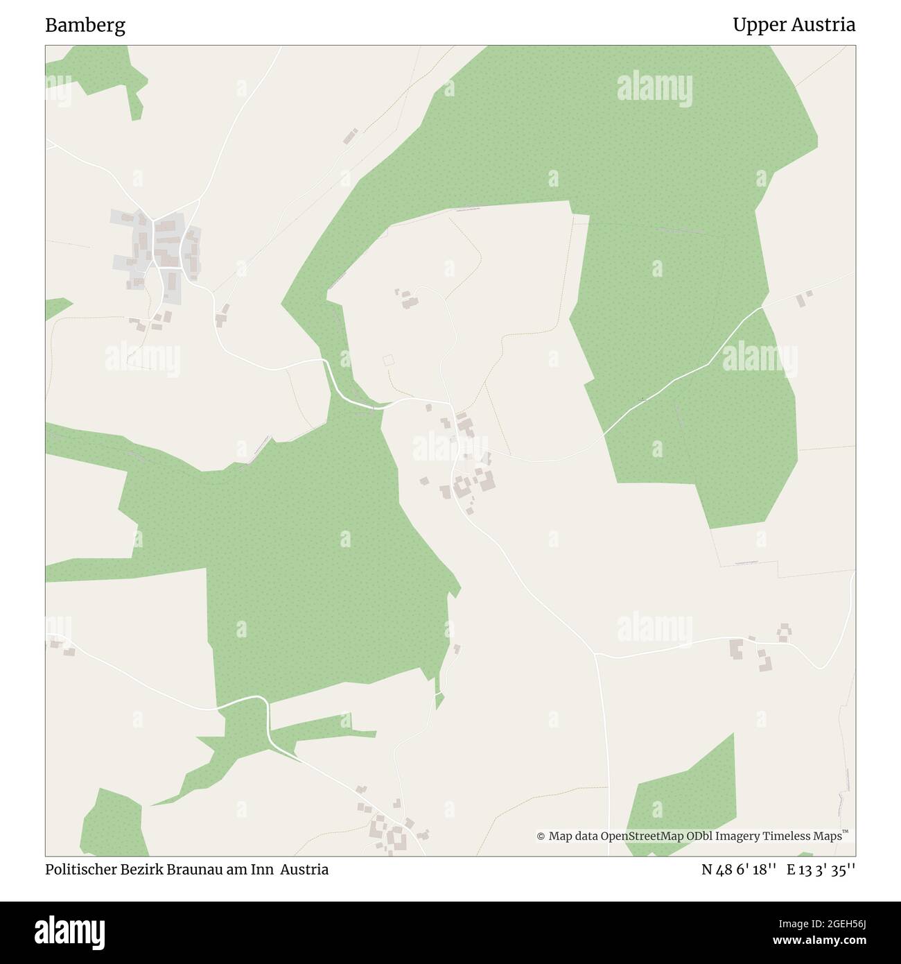 Bamberg, politischer Bezirk Braunau am Inn, Österreich, Oberösterreich, N 48 6' 18'', E 13 3' 35'', map, Timeless Map veröffentlicht 2021. Reisende, Entdecker und Abenteurer wie Florence Nightingale, David Livingstone, Ernest Shackleton, Lewis and Clark und Sherlock Holmes haben sich bei der Planung von Reisen zu den entlegensten Ecken der Welt auf Karten verlassen.Timeless Maps kartiert die meisten Orte auf der Welt und zeigt die Verwirklichung großer Träume Stockfoto