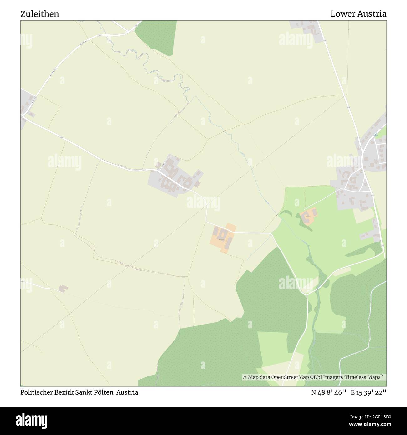 Zuleithen, politischer Bezirk Sankt Pölten, Österreich, Niederösterreich, N 48 8' 46'', E 15 39' 22'', map, Timeless Map veröffentlicht im Jahr 2021. Reisende, Entdecker und Abenteurer wie Florence Nightingale, David Livingstone, Ernest Shackleton, Lewis and Clark und Sherlock Holmes haben sich bei der Planung von Reisen zu den entlegensten Ecken der Welt auf Karten verlassen.Timeless Maps kartiert die meisten Orte auf der Welt und zeigt die Verwirklichung großer Träume Stockfoto