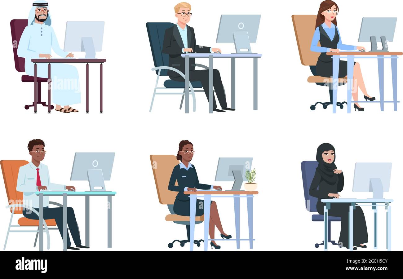 Geschäftsleute, die am Computer arbeiten. Isolierte Arbeitsagentur Personen, Manager Comic-Figuren. Moderner Büromann Frau, junger Profi am Schreibtisch Stock Vektor