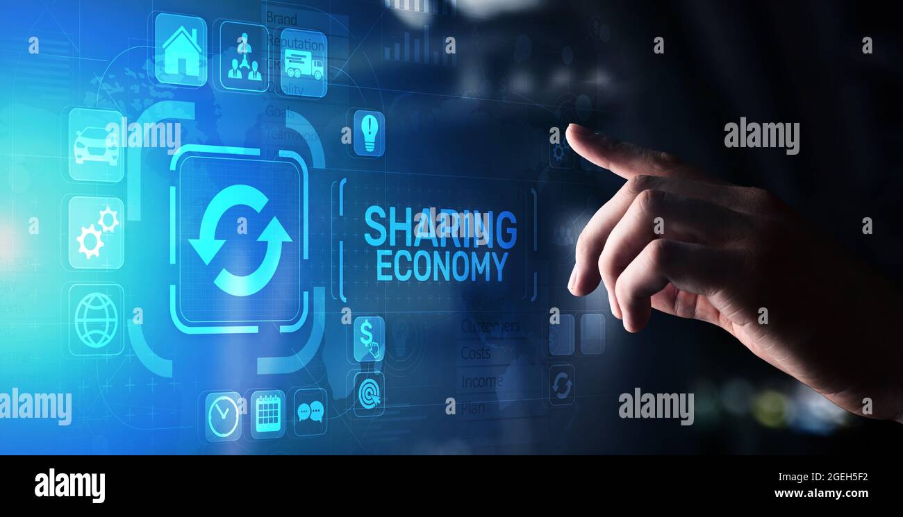 Gemeinsame Nutzung von Wirtschaft, Innovation und Zukunft Business Technology Konzept auf virtuellen Bildschirm Stockfoto