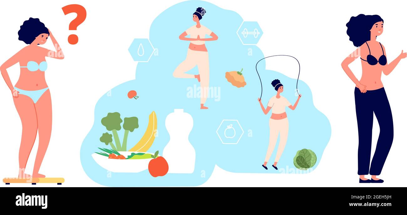 Gewichtsverlust Prozess. Diät, prall Mädchen gewogen auf Schuppen. Fett vs schlank, wählen Frau schlank und Gesundheit. Gesunde Ernährung und Sport für einen neuen Look-Vektor Stock Vektor