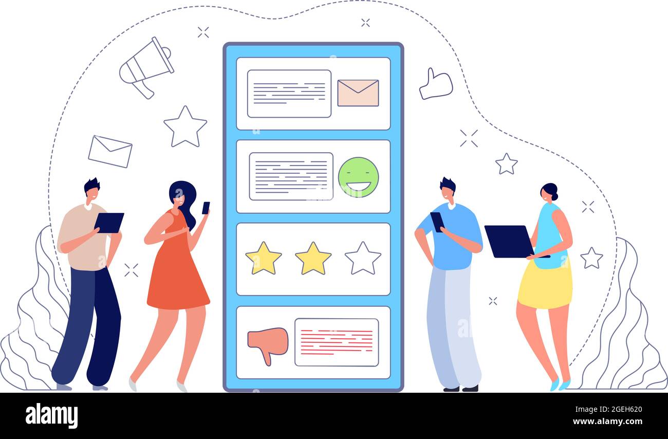 Online-Feedback. Internetbewertung, Kundenumfrage oder TIP-Service. Gute schlechte Zeugnis, Menschen verlassen Bewertung in Mobile App Vektor-Konzept Stock Vektor