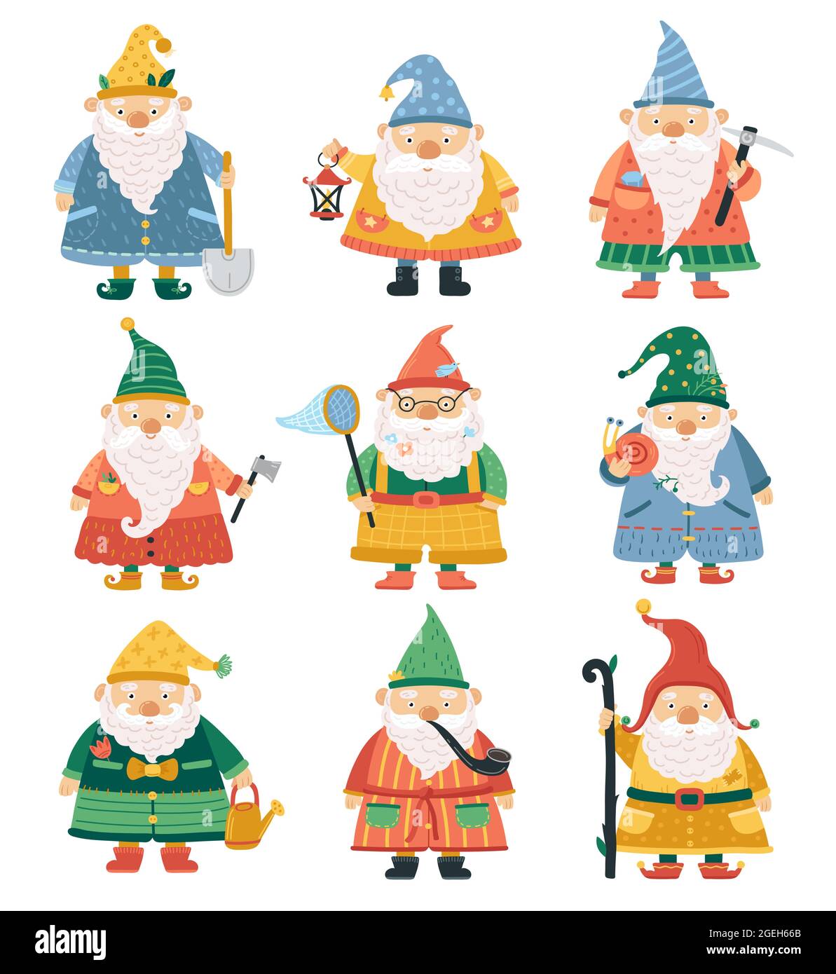 GNOME-Zeichen. Cartoon Garten Zwerg, niedlichen Bart Männer. Jahreszeit Frühling Sommer Garten Fantasie lustige Dekoration für Rasen Vektor Illustration Stock Vektor